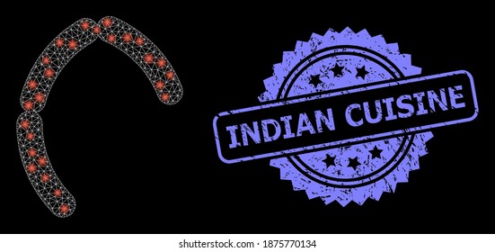 Salchichas de red de malla de vidrio con manchas brillantes y sello de sello de rosette corroido por la cocina india. Modelo vectorial iluminado creado a partir del icono salchichas.