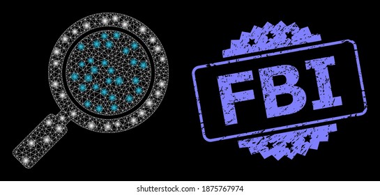 Glare mesh network search loupe mit hellen Flecken und FBI unlean Rosette Stempel. Illuminiertes Vektormodell, das aus dem Symbol der Suchzeile erstellt wurde. Blue Stempel hat FBI-Titel in Rosette.