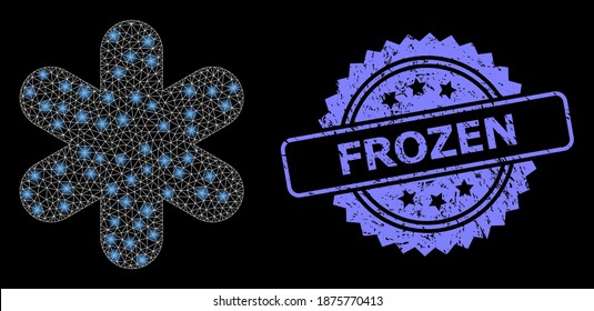 Glare mesh network simple snowflake with glowing spots, and Frozen dirty rosette seal. Illuminated vector constellation created from simple snowflake icon.