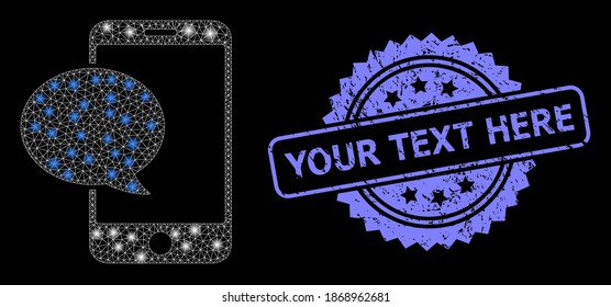 Glasnetz-Smartphone-Nachricht mit Lichtflecken, und Ihr Text Hier kratzte Rosette-Siegel-Imitation. Illuminierte Vektorkonstellation, die aus dem Symbol für Smartphone-Nachrichten erstellt wurde.