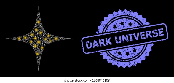 Glare mesh network space star with glowing spots, and Dark Universe textured rosette stamp seal. Illuminated vector model created from space star icon. Blue stamp has Dark Universe tag inside rosette.