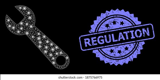 Glare mesh network spanner with light spots, and Regulation scratched rosette stamp seal. Illuminated vector constellation created from spanner icon. Blue stamp contains Regulation tag inside rosette.