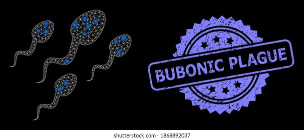 Glare mesh network sperm cells with light spots, and Bubonic Plague unclean rosette seal imitation. Illuminated vector constellation created from sperm cells icon.