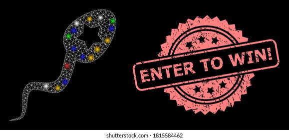 Glare mesh network sperm winner with bright dots, and Enter to Win! textured rosette stamp. Illuminated vector mesh created from sperm winner pictogram.