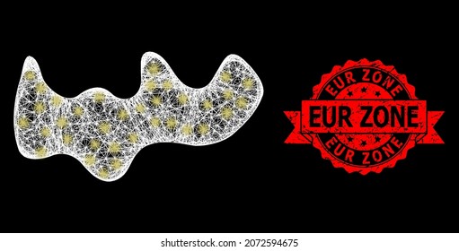 Glare mesh network spot with glowing spots, and EUR Zone grunge ribbon stamp. Red stamp contains EUR Zone tag inside ribbon. Illuminated vector constellation created from spot icon with white mesh.
