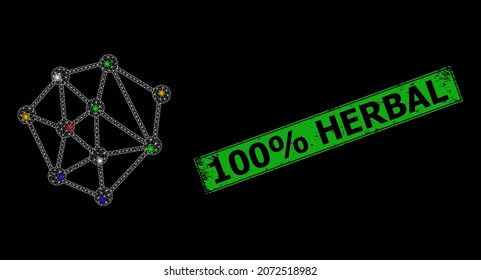 Glare mesh network mesh structure with multi colored flash nodes, and grunge 100 discount Herbal stamp. Green stamp includes 100 discount Herbal title inside framed rectangle.