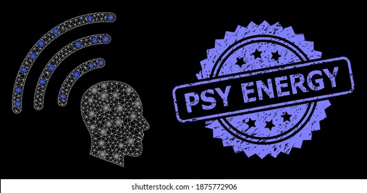Glare mesh network telepathy waves with light spots, and Psy Energy dirty rosette stamp. Illuminated vector model created from telepathy waves icon. Blue stamp includes Psy Energy text inside rosette.