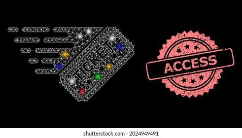 Glare mesh network ticket with bright dots, and Access unclean rosette stamp seal. Illuminated vector model created from ticket pictogram. Pink stamp seal contains Access tag inside rosette.