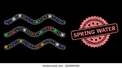 Glare mesh network water surface with light spots, and Spring Water scratched rosette stamp. Illuminated vector mesh created from water surface symbol.