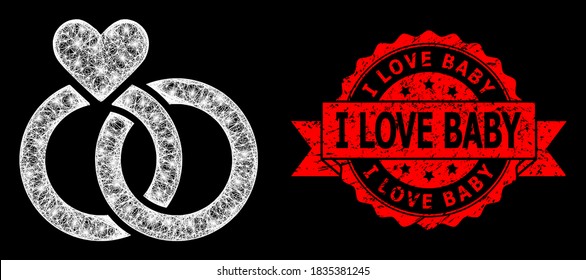 Glare mesh network wedding rings with glowing spots, and I Love Baby corroded ribbon stamp seal. Red stamp seal has I Love Baby title inside ribbon.