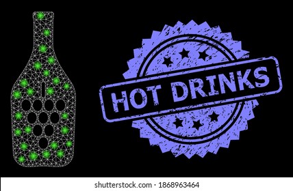 Glasmaschinenflasche mit glänzenden Flecken und heißer Drinks schmutziger Rosette-Stempel. Illuminierte Vektorkonstellation aus dem Weinflaschensymbol.