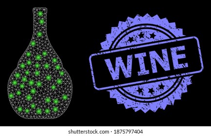 Glare mesh network wine jug with light spots, and Wine dirty rosette stamp seal. Illuminated vector model created from wine jug icon. Blue stamp seal includes Wine title inside rosette.