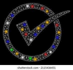Glare mesh network yes tick icon with colored lightspots. Illuminated vector model created from yes tick icon. Sparkle carcass mesh polygonal yes tick. Wire carcass flat mesh in vector EPS format,