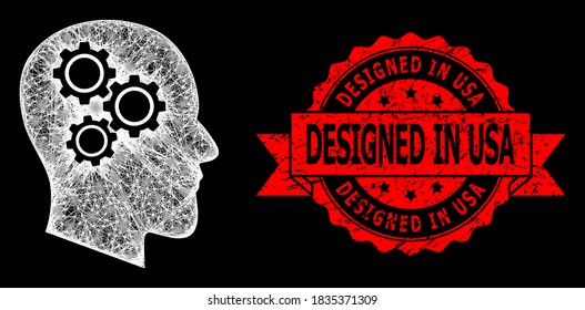 Glare mesh polygonal brain gears with glowing spots, and Designed in USA textured ribbon seal. Red seal includes Designed in USA caption inside ribbon.