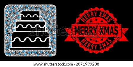 Glare mesh polygonal cake with lightspots, and Merry Xmas dirty ribbon seal imitation. Red stamp seal contains Merry Xmas tag inside ribbon.