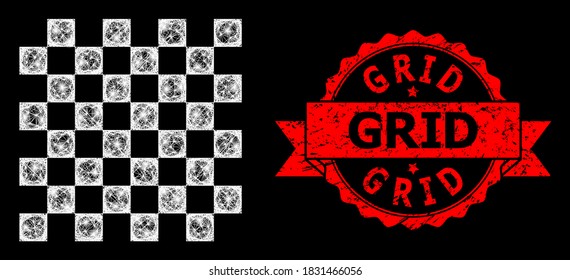 Glare mesh polygonal chess board with light spots, and Grid grunge ribbon seal print. Red seal has Grid caption inside ribbon. Illuminated vector model created from chess board icon with white mesh.