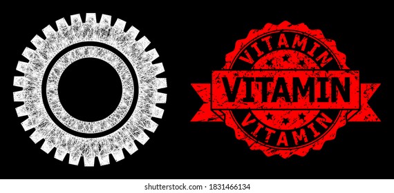 Glare mesh polygonal clock gear with light spots, and Vitamin unclean ribbon seal imitation. Red stamp seal contains Vitamin title inside ribbon.