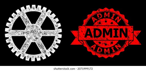 Glare mesh polygonal clock gearwheel with lightspots, and Admin rubber ribbon stamp seal. Red stamp seal includes Admin text inside ribbon.