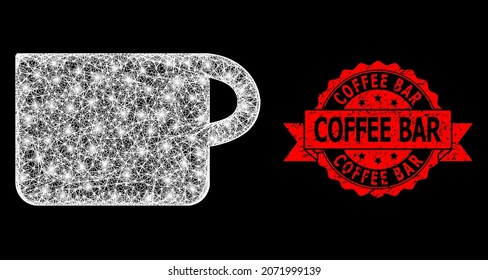 Glare mesh polygonal cup with glowing spots, and Coffee Bar unclean ribbon stamp. Red stamp includes Coffee Bar text inside ribbon. Illuminated vector model created from cup icon with white mesh.