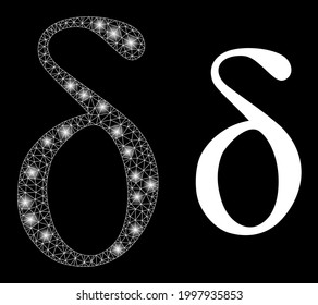 Malla de vidrio delta poligonal delta pequeña con manchas brillantes. Modelo vectorial iluminado creado a partir del icono de letra pequeña Delta con malla blanca. Malla de malla de marco espumoso delta poligonal pequeña letra.