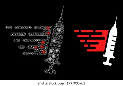 Vacunación rápida poligonal de malla brillante con focos luminosos. Constelación vectorial iluminada creada a partir de un icono de vacunación rápida con malla blanca. Vacunación rápida poligonal en malla de la canal de espuma.
