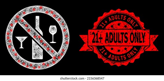 Masas de vidrio, bebidas poligonales prohibidas con manchas de luz, y 21 más sello de cinta texturada únicamente para adultos. El sello rojo contiene 21 más el título Sólo adultos dentro de la cinta.