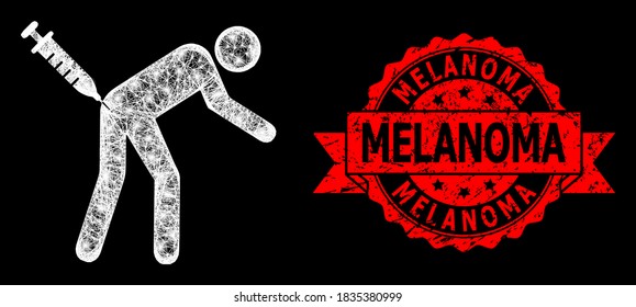 Glare mesh polygonal man vaccination with glowing spots, and Melanoma rubber ribbon stamp seal. Red stamp has Melanoma text inside ribbon.