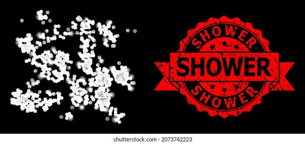 Glare mesh polygonal particle swarm with lightspots, and Shower dirty ribbon stamp. Red stamp includes Shower text inside ribbon.