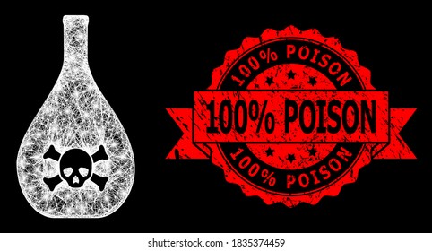 Glare mesh polygonal poison jug with glowing spots, and 100% Poison scratched ribbon seal. Red stamp seal contains 100% Poison text inside ribbon.