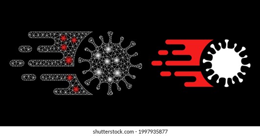 Glare mesh polygonal rush virus with lightspots. Illuminated vector model created from rush virus icon with white mesh. Sparkle carcass mesh polygonal rush virus.
