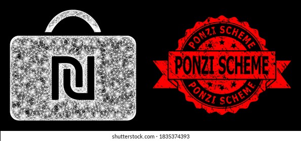 Glare mesh polygonal shekel case with light spots, and Ponzi Scheme textured ribbon seal print. Red seal has Ponzi Scheme tag inside ribbon.