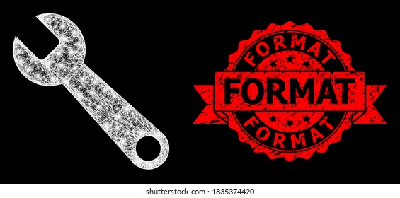 Glare mesh polygonal spanner with light spots, and Format corroded ribbon stamp seal. Red seal includes Format caption inside ribbon.