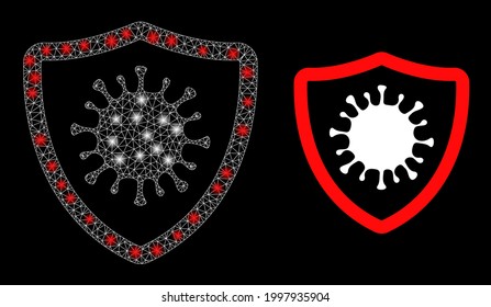 Glare maschige Polygonalvirus-Schutzschild mit Leuchtpunkten. Illuminierte Vektorkonstellation, die aus dem Virus-Schild-Symbol mit weißem Mesh erstellt wurde. Polygonaler Polygonalvirus-Schild mit glattem Rahmen.