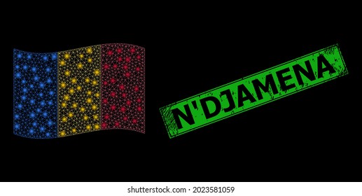 Glare mesh polygonal waving Chad flag with light spots, and scratched N'Djamena rectangle seal. Green rectangle N'Djamena distress seal. Illuminated vector model created from windy Chad flag icon.