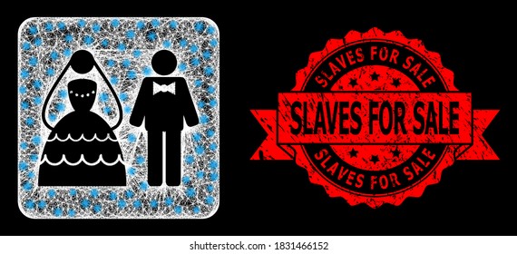 Glare mesh polygonal wedding couple with glowing spots, and Slaves for Sale scratched ribbon seal print. Red stamp seal contains Slaves for Sale text inside ribbon.