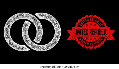 Anillos de boda polígonos de malla de vidrio con focos de luz, y sello de sello de cinta rasgada de la República Unida. El sello rojo contiene el título de la República Unida dentro de la cinta.