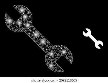 Glare mesh spanner web icon with bright light spots. Illuminated constellation done from spanner vector icon. Bright frame web polygonal spanner, on a black background.