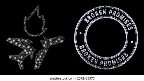 Glare mesh web airplane crash icon with glitter effect on a black background with round Broken Promises textured seal imitation. Vector model is based on airplane crash icon, white mesh used.