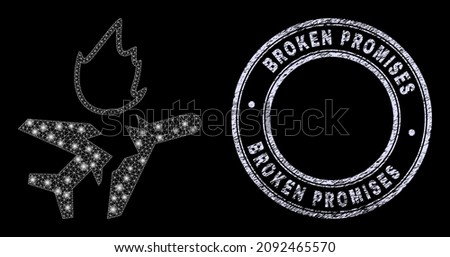 Glare mesh web airplane crash icon with glitter effect on a black background with round Broken Promises textured seal imitation. Vector model is based on airplane crash icon, white mesh used.