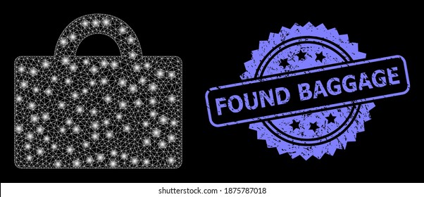 Glare mesh web baggage with light spots, and Found Baggage grunge rosette seal imitation. Illuminated vector model created from baggage icon. Blue stamp seal has Found Baggage text inside rosette.