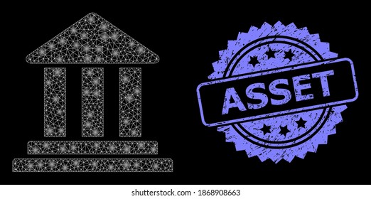 Glare mesh web bank building mit lightspots, und Asset grunge rosette Stempelsiegel. Illuminierte Vektorkonstellation, die aus dem Bankgebäudesymbol erstellt wurde.