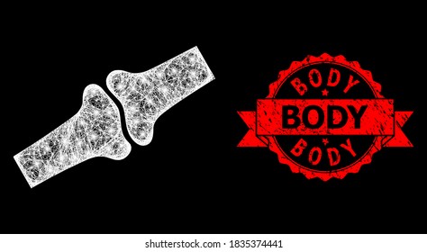 Glare mesh web bone joint with light spots, and Body corroded ribbon seal print. Red stamp seal includes Body tag inside ribbon. Illuminated vector model created from bone joint icon with white mesh.