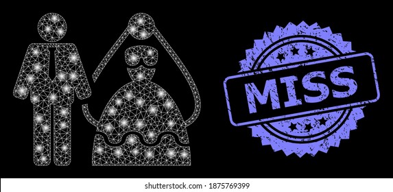 Glare mesh web bride and groom with lightspots, and Miss textured rosette stamp seal. Illuminated vector constellation created from bride and groom icon. Blue stamp seal has Miss title inside rosette.