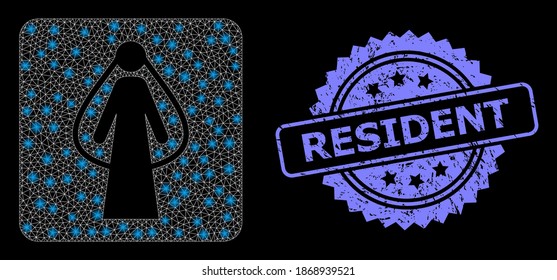 Glare Netz-Braut mit Leuchtpunkten und Resident texturierten Rosette-Stempel-Siegel. Illuminiertes Vektormodell, das aus dem Brautsymbol erstellt wurde. Die blaue Stempelmarke enthält Resident-Anhänger in Rosette.