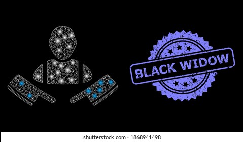 Glare mesh web butcher man with glowing spots, and Black Widow textured rosette stamp seal. Illuminated vector constellation created from butcher man icon.