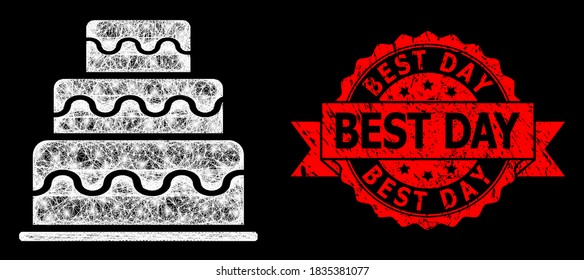 Glare mesh web cake with light spots, and Best Day unclean ribbon seal. Red stamp seal has Best Day tag inside ribbon. Illuminated vector constellation created from cake icon with white mesh.