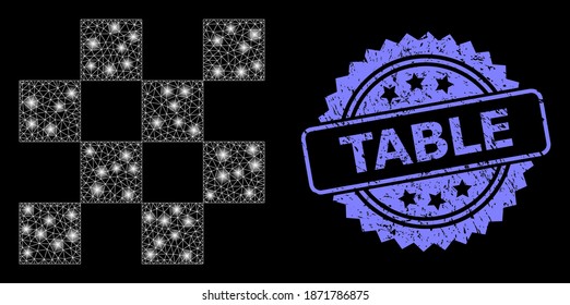 Glare mesh web chess cells with light spots, and Table corroded rosette stamp seal. Illuminated vector model created from chess cells icon. Blue stamp seal includes Table title inside rosette.