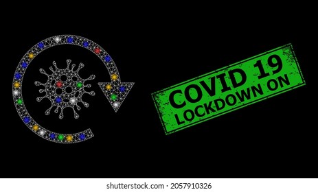 Actualización del virus de la malla de vidrio de la red con puntos de luz coloridos, y estampado de sello de foca de Covid 19 de grunge. El sello verde contiene el título Covid 19 Bloqueado en el rectángulo enmarcado.