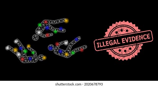 Glare mesh web dead people with light spots, and Illegal Evidence grunge rosette stamp seal. Illuminated vector structure created from dead people icon.