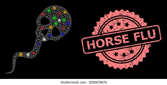 Glare Masche, tote Spermien mit Lichtflecken, und Pferdegrippe strukturierte Rosette-Stempel. Illuminiertes Vektormodell, das aus totem Spermiensymbol erstellt wurde. Rosa Stempelsiegel enthält das Horse-Grippe-Etikett in Rosette.